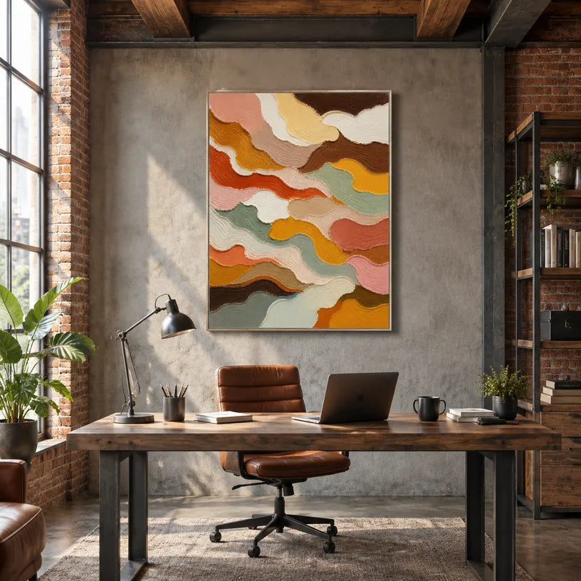 Abstract Expressionist abstract oil painting showing organic bands in warm earth tones in a brown palette, contemporary wall art.