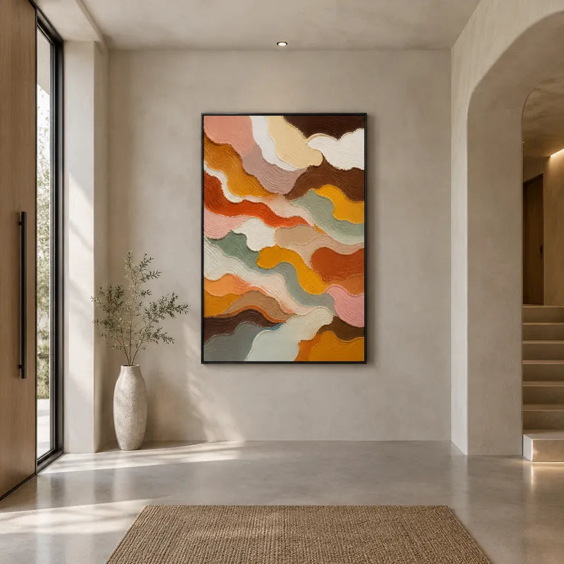 Abstract Expressionist abstract oil painting showing organic bands in warm earth tones in a brown palette, contemporary wall art.