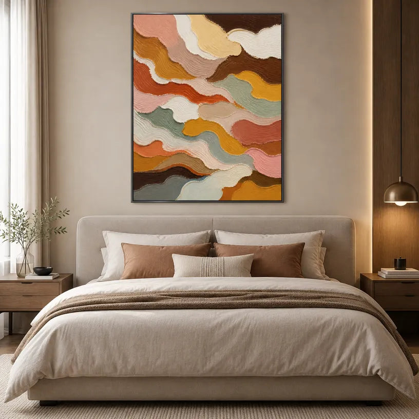 Abstract Expressionist abstract oil painting showing organic bands in warm earth tones in a brown palette, contemporary wall art.