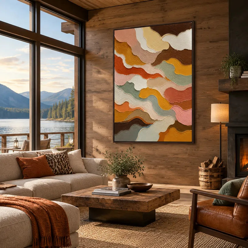 Abstract Expressionist abstract oil painting showing organic bands in warm earth tones in a brown palette, contemporary wall art.