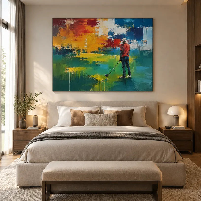 Abstract Expressionist landscapes & seascapes & cityscapes oil painting showing a painterly landscape with distant hills, trees or reflective water in a green palette.