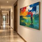 Abstract Expressionist landscapes & seascapes & cityscapes oil painting showing a painterly landscape with distant hills, trees or reflective water in a green palette.
