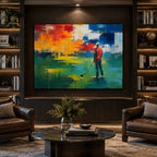 Abstract Expressionist landscapes & seascapes & cityscapes oil painting showing a painterly landscape with distant hills, trees or reflective water in a green palette.