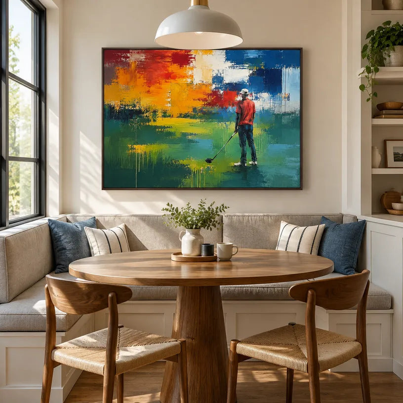 Abstract Expressionist landscapes & seascapes & cityscapes oil painting showing a painterly landscape with distant hills, trees or reflective water in a green palette.