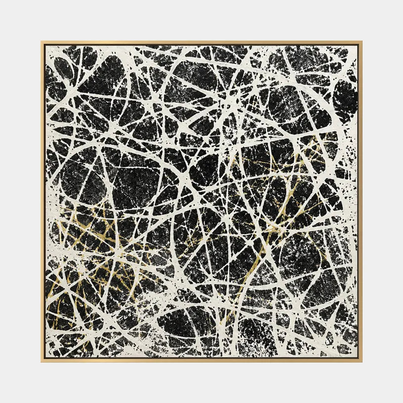 Abstract Expressionist abstract oil painting showing dense intersecting white marks over black texture in a black palette, contemporary wall art.