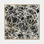 Abstract Expressionist abstract oil painting showing dense intersecting white marks over black texture in a black palette, contemporary wall art.