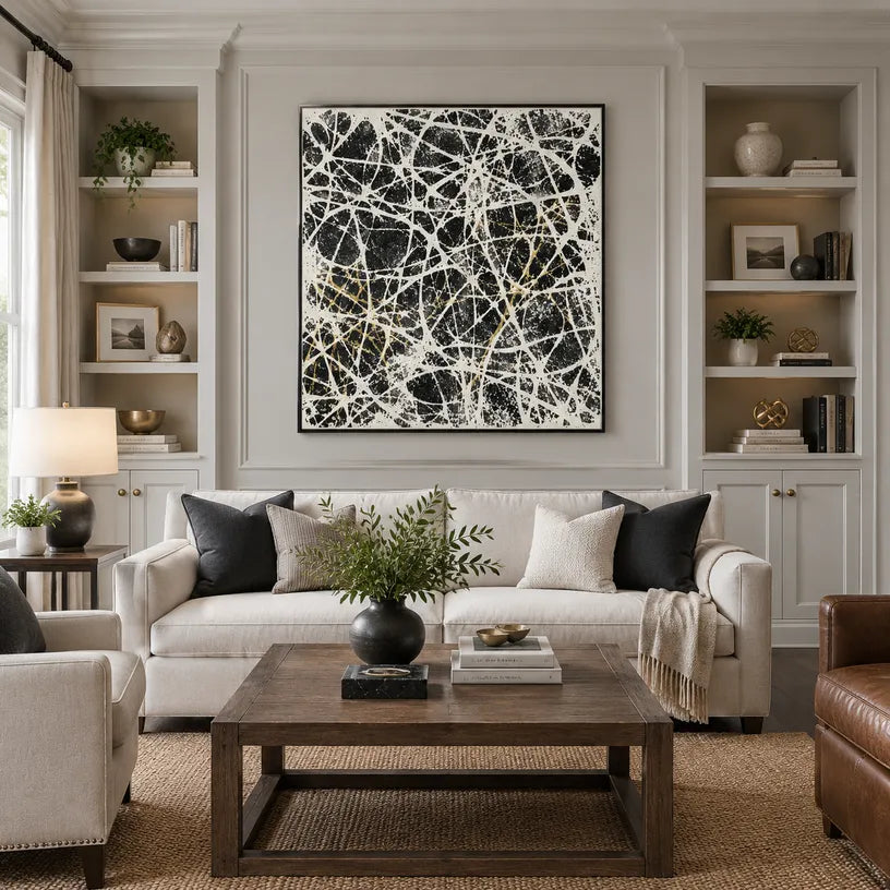 Abstract Expressionist abstract oil painting showing dense intersecting white marks over black texture in a black palette, contemporary wall art.