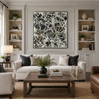 Abstract Expressionist abstract oil painting showing dense intersecting white marks over black texture in a black palette, contemporary wall art.