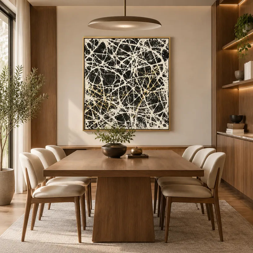 Abstract Expressionist abstract oil painting showing dense intersecting white marks over black texture in a black palette, contemporary wall art.
