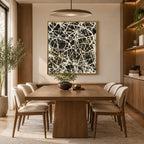 Abstract Expressionist abstract oil painting showing dense intersecting white marks over black texture in a black palette, contemporary wall art.