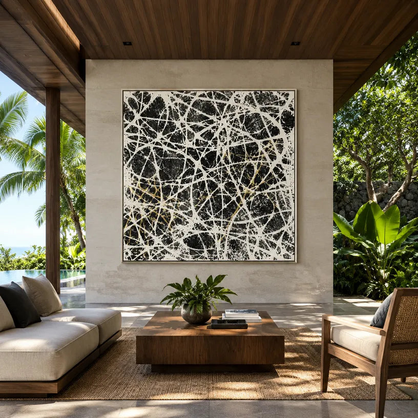 Abstract Expressionist abstract oil painting showing dense intersecting white marks over black texture in a black palette, contemporary wall art.