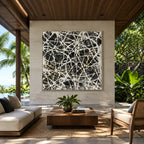 Abstract Expressionist abstract oil painting showing dense intersecting white marks over black texture in a black palette, contemporary wall art.