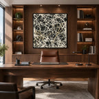Abstract Expressionist abstract oil painting showing dense intersecting white marks over black texture in a black palette, contemporary wall art.
