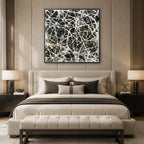 Abstract Expressionist abstract oil painting showing dense intersecting white marks over black texture in a black palette, contemporary wall art.