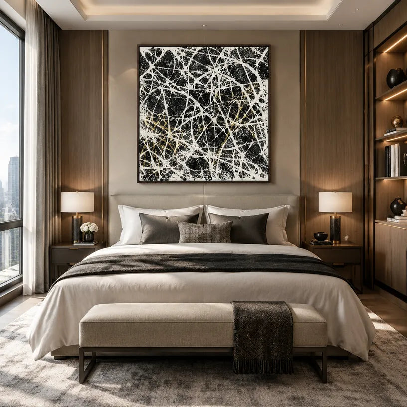 Abstract Expressionist abstract oil painting showing dense intersecting white marks over black texture in a black palette, contemporary wall art.