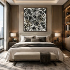 Abstract Expressionist abstract oil painting showing dense intersecting white marks over black texture in a black palette, contemporary wall art.