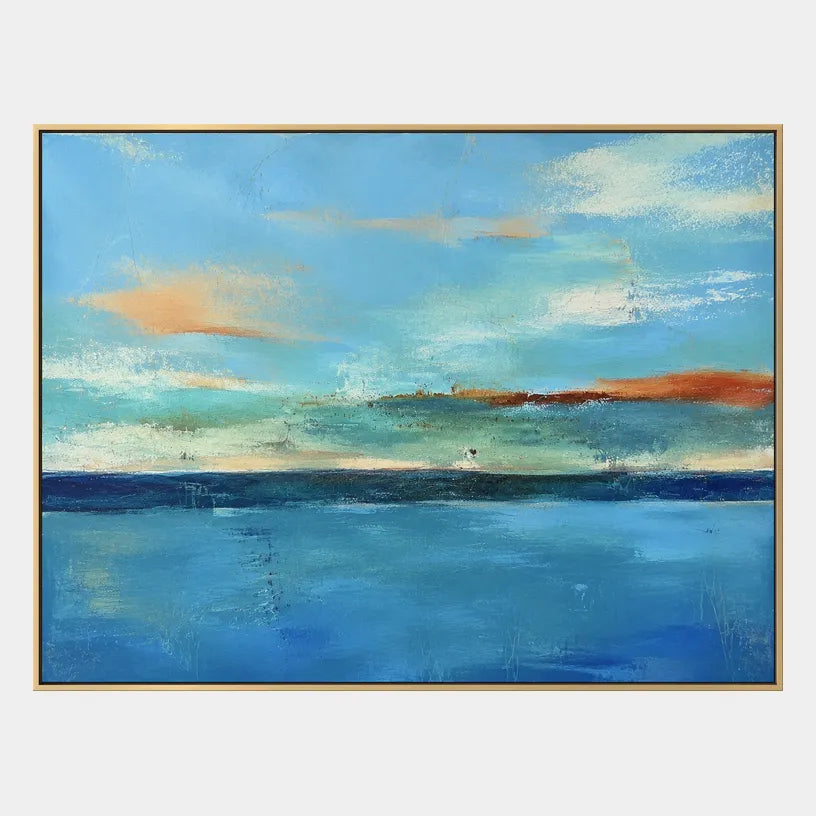 Abstract Expressionist landscapes & seascapes & cityscapes oil painting showing a layered seascape with open water, sky and painterly movement in a blue palette.