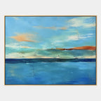 Abstract Expressionist landscapes & seascapes & cityscapes oil painting showing a layered seascape with open water, sky and painterly movement in a blue palette.