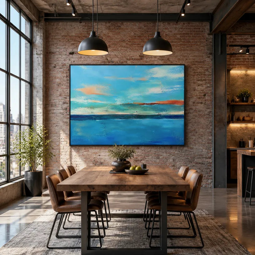 Abstract Expressionist landscapes & seascapes & cityscapes oil painting showing a layered seascape with open water, sky and painterly movement in a blue palette.