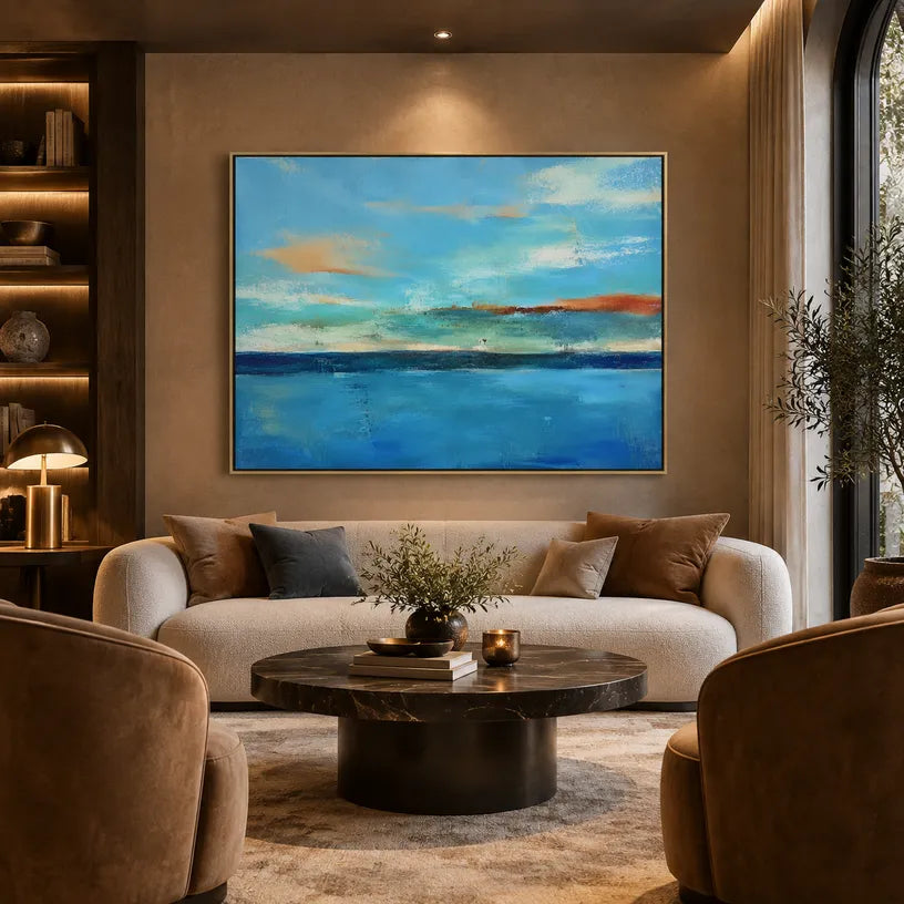 Abstract Expressionist landscapes & seascapes & cityscapes oil painting showing a layered seascape with open water, sky and painterly movement in a blue palette.