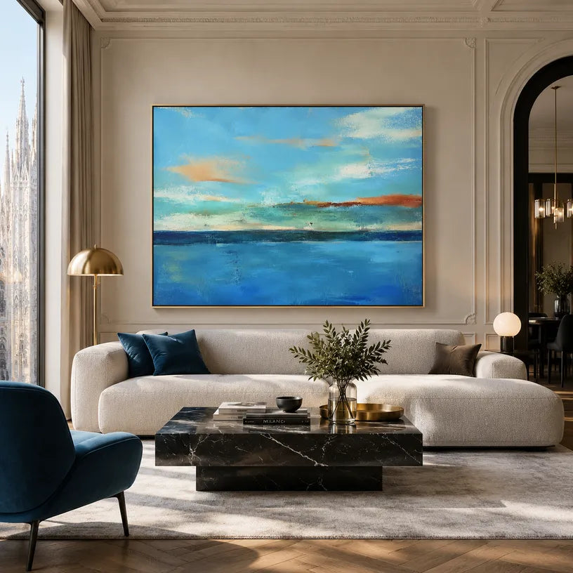 Abstract Expressionist landscapes & seascapes & cityscapes oil painting showing a layered seascape with open water, sky and painterly movement in a blue palette.