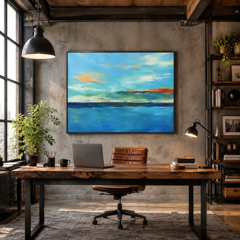 Abstract Expressionist landscapes & seascapes & cityscapes oil painting showing a layered seascape with open water, sky and painterly movement in a blue palette.