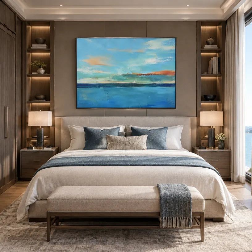 Abstract Expressionist landscapes & seascapes & cityscapes oil painting showing a layered seascape with open water, sky and painterly movement in a blue palette.