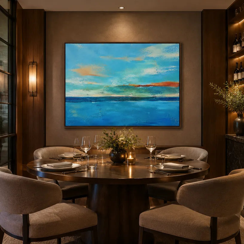 Abstract Expressionist landscapes & seascapes & cityscapes oil painting showing a layered seascape with open water, sky and painterly movement in a blue palette.