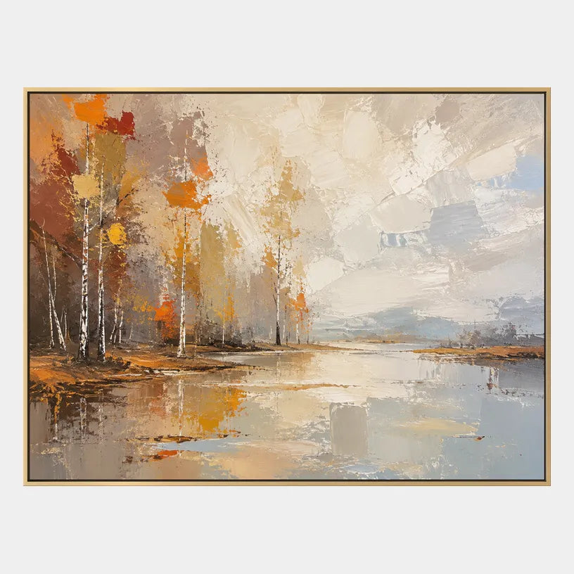 Abstract Expressionist landscapes & seascapes & cityscapes oil painting showing a misty waterside village in warm neutral tones in a beige palette, contemporary wall art.