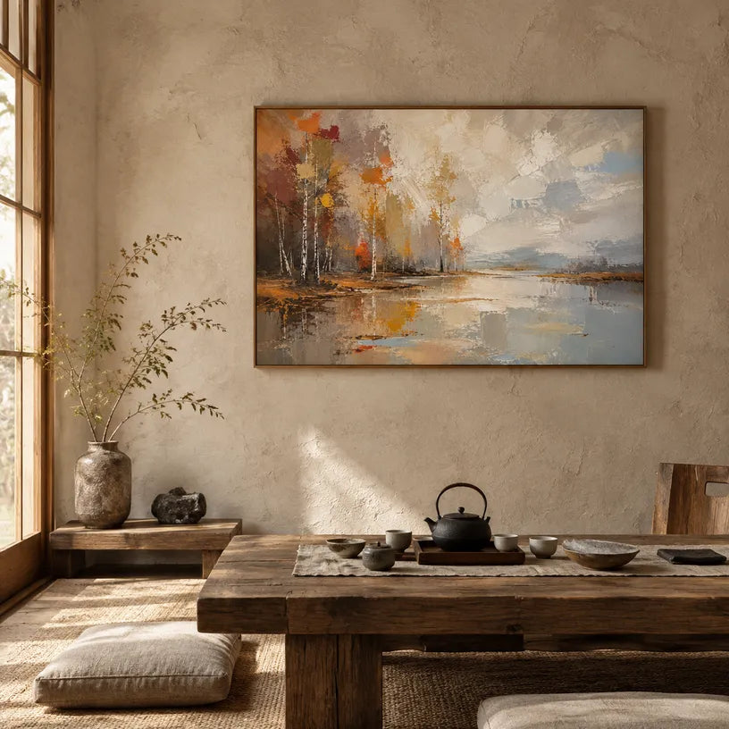 Abstract Expressionist landscapes & seascapes & cityscapes oil painting showing a misty waterside village in warm neutral tones in a beige palette, contemporary wall art.