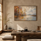 Abstract Expressionist landscapes & seascapes & cityscapes oil painting showing a misty waterside village in warm neutral tones in a beige palette, contemporary wall art.