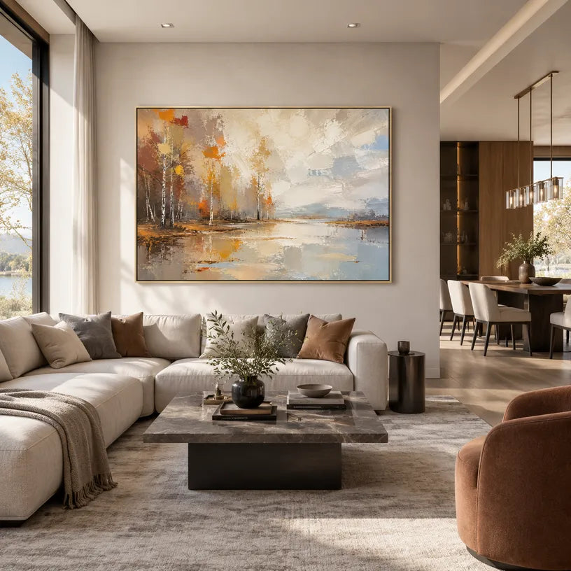 Abstract Expressionist landscapes & seascapes & cityscapes oil painting showing a misty waterside village in warm neutral tones in a beige palette, contemporary wall art.