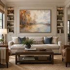 Abstract Expressionist landscapes & seascapes & cityscapes oil painting showing a misty waterside village in warm neutral tones in a beige palette, contemporary wall art.