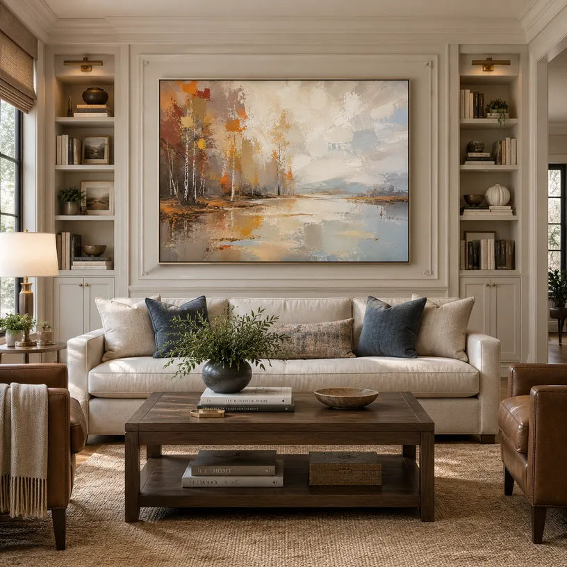 Abstract Expressionist landscapes & seascapes & cityscapes oil painting showing a misty waterside village in warm neutral tones in a beige palette, contemporary wall art.