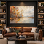 Abstract Expressionist landscapes & seascapes & cityscapes oil painting showing a misty waterside village in warm neutral tones in a beige palette, contemporary wall art.