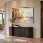 Abstract Expressionist landscapes & seascapes & cityscapes oil painting showing a misty waterside village in warm neutral tones in a beige palette, contemporary wall art.