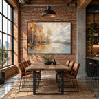 Abstract Expressionist landscapes & seascapes & cityscapes oil painting showing a misty waterside village in warm neutral tones in a beige palette, contemporary wall art.