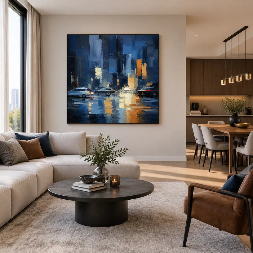 Abstract Expressionist landscapes & seascapes & cityscapes oil painting showing a stylized city skyline with reflective water and atmospheric light in a blue palette.