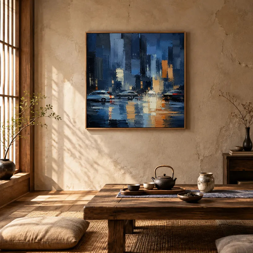 Abstract Expressionist landscapes & seascapes & cityscapes oil painting showing a stylized city skyline with reflective water and atmospheric light in a blue palette.