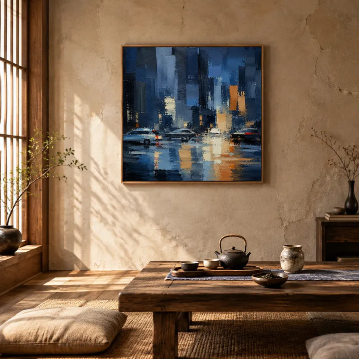 Dipinto a olio con paesaggi, paesaggi marini e paesaggi urbani dell'Espressionismo astratto, caratterizzato da un paesaggio atmosferico, da un paesaggio marino o da una composizione ispirata alla città in una tavolozza blu.
