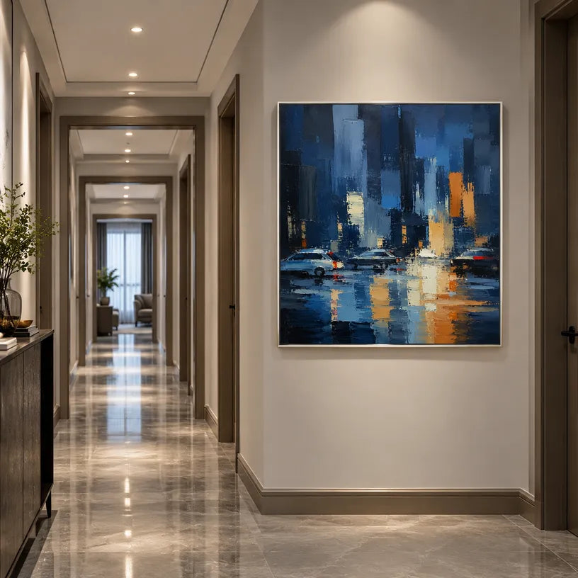 Abstract Expressionist landscapes & seascapes & cityscapes oil painting showing a stylized city skyline with reflective water and atmospheric light in a blue palette.