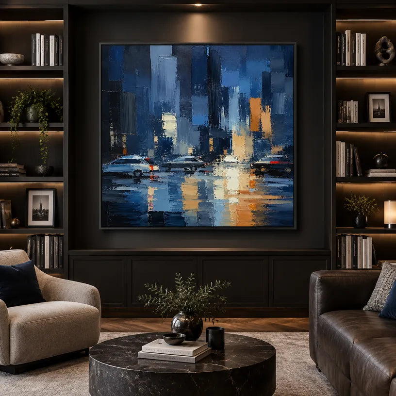 Abstract Expressionist landscapes & seascapes & cityscapes oil painting showing a stylized city skyline with reflective water and atmospheric light in a blue palette.