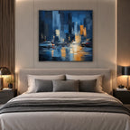 Abstract Expressionist landscapes & seascapes & cityscapes oil painting showing a stylized city skyline with reflective water and atmospheric light in a blue palette.