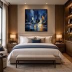 Abstract Expressionist landscapes & seascapes & cityscapes oil painting showing a stylized city skyline with reflective water and atmospheric light in a blue palette.