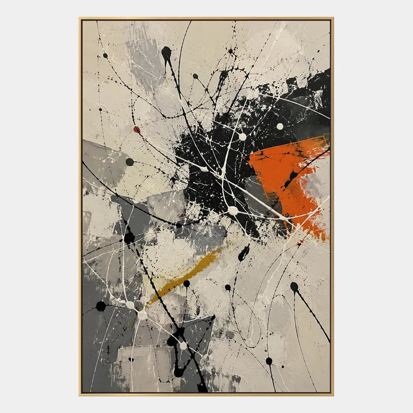 Abstract Expressionist abstract oil painting showing linear black, white and orange abstraction, contemporary wall art.