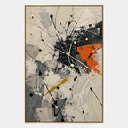Abstract Expressionist abstract oil painting showing linear black, white and orange abstraction, contemporary wall art.