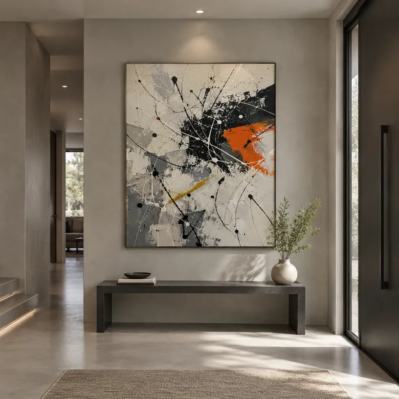Abstract Expressionist abstract oil painting showing linear black, white and orange abstraction, contemporary wall art.