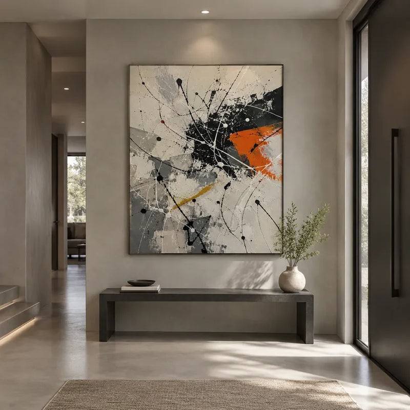 Peinture à l'huile abstraite et conceptuelle d'expressionnisme abstrait présentant des marques abstraites superposées, une texture et un mouvement pictural expressif dans une palette beige.