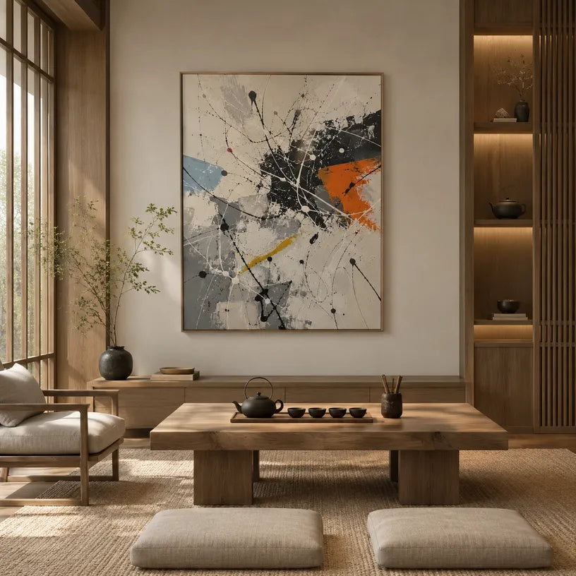 Abstract Expressionist abstract oil painting showing linear black, white and orange abstraction, contemporary wall art.