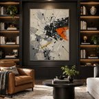 Abstract Expressionist abstract oil painting showing linear black, white and orange abstraction, contemporary wall art.